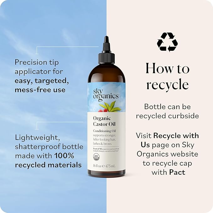 Sky Organics Castor Oil - USDA Certified Organic Hair Oil for Hair Growth, Skin, Face, Eyelashes - Cold Pressed & Hexane Free - Pure Organic Castor Oil Pack Wrap - Carrier & Hair Treatment Oil