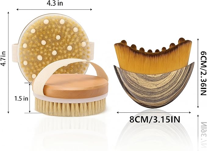 2 in 1 Dry Brushing Body & Face Contour Brush Set – Natural Boar Bristle Body Brush for Lymphatic Drainage, Cellulite & Exfoliation + Soft Facial Brush for Jawline Sculpting & Puffiness