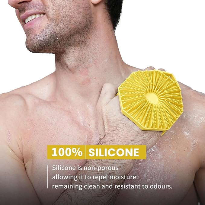 iTokGoK® Premium Silver-Infused Double-Sided Design 2-in-1 Silicone Body Scrubber for Men,Body Buffer Scrubber for Sensitive Skin, Ergonomic No-Slip Handle, Long-Lasting & Easy to Clean - Yellow