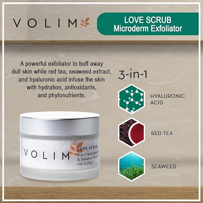 Volim Love Scrub with Hyaluronic Acid Natural Face Exfoliator for Wrinkles, Acne, Fine Lines, Blackheads & Clogged Pores