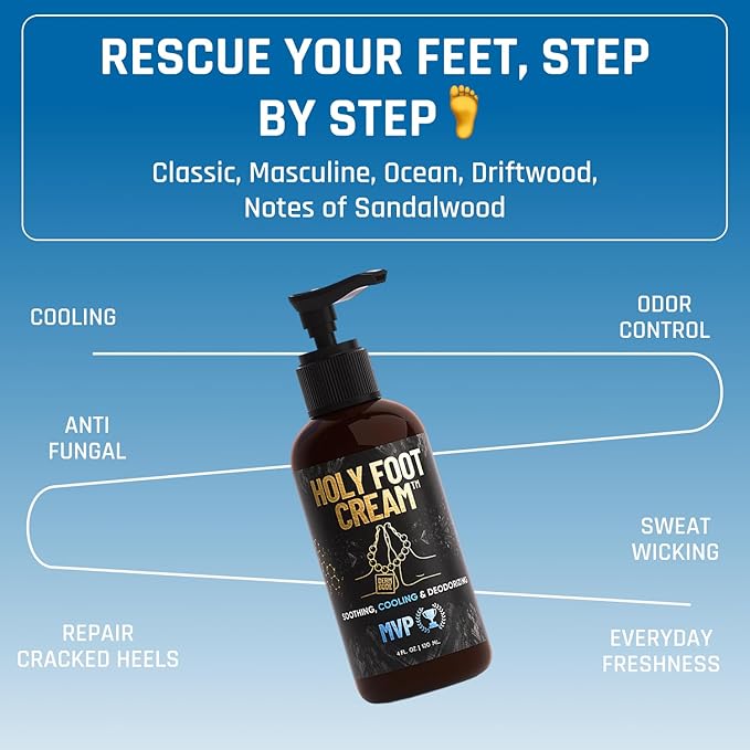 Derm Dude Holy Foot Cream for Dry Cracked Heels and Feet | Moisturizing Lotion Formulated w/All-Natural DeoPlex for Odor Control & Arrowroot for Deep Hydration - MVP Scent 4oz (1pack)