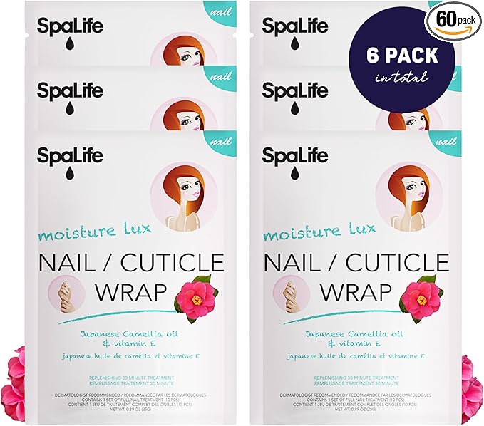 SpaLife Japanese Camellia Oil & Vitamin E Nail Cuticle Wrap 6-Pack (60 Count) - Moisturizing Nail Masks, Dermatologist Recommended, Hydrating Cuticle Repair Mask for Brittle Nails, Nail Spa Treatment