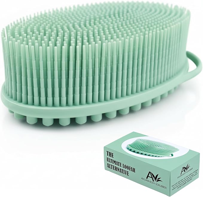 Silicone Body Scrubber for Shower - Gentle Exfoliating Back Scrubber with Soft Bristles - Avilana Premium Dual Sided Bath Brush Massage - Loofah Alternative for Sensitive Skin - Gift Women Men
