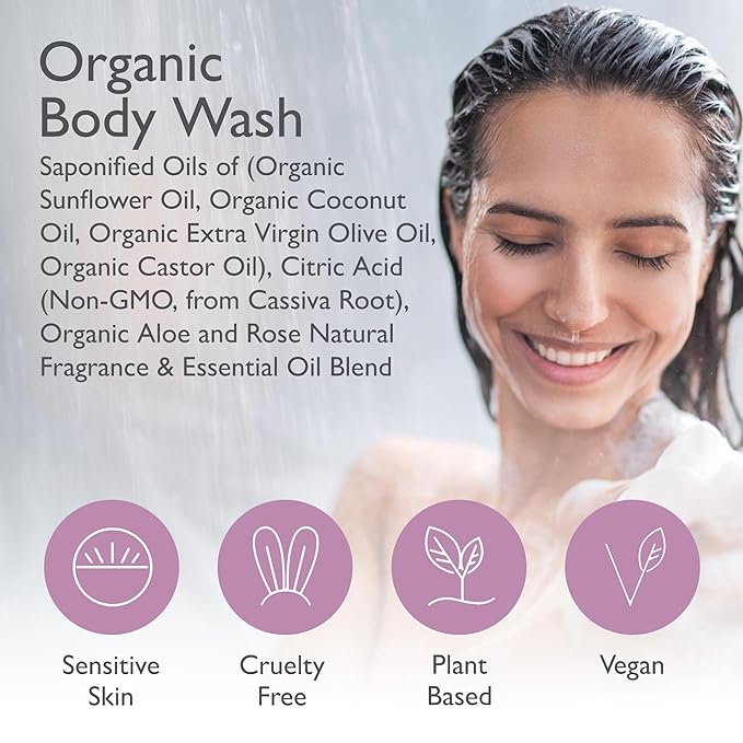 SoCal Suds & Company - 12oz Organic Soap Liquid, Gentle Hand & Body Wash, Organic Body Wash for Men and Women, Made w/Organic Oils & Coconut Oil, Bath Essentials for All Skin Types - Rose