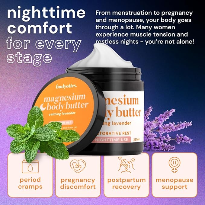 Bodyotics Magnesium Body Butter - Nighttime Magnesium Cream For Women, Pregnancy & Postpartum Comfort (Calming Lavender Scent, 8oz)