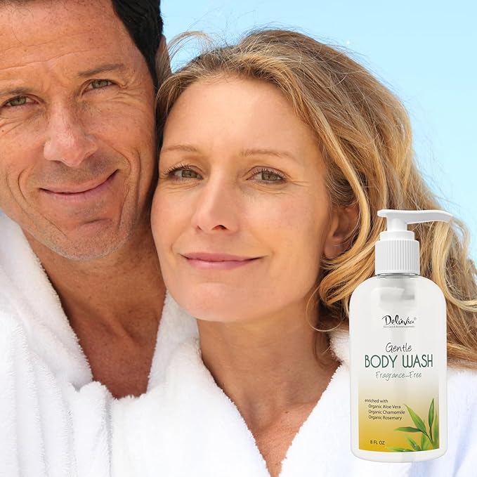 Deluvia Gentle Body Wash, Moisturizing Body Wash with Aloe Vera, Organic Jojoba Seed Oil, Sweet Almond Oil and Vitamin E, Unscented, for All Skin Types, Including Sensitive Skin.