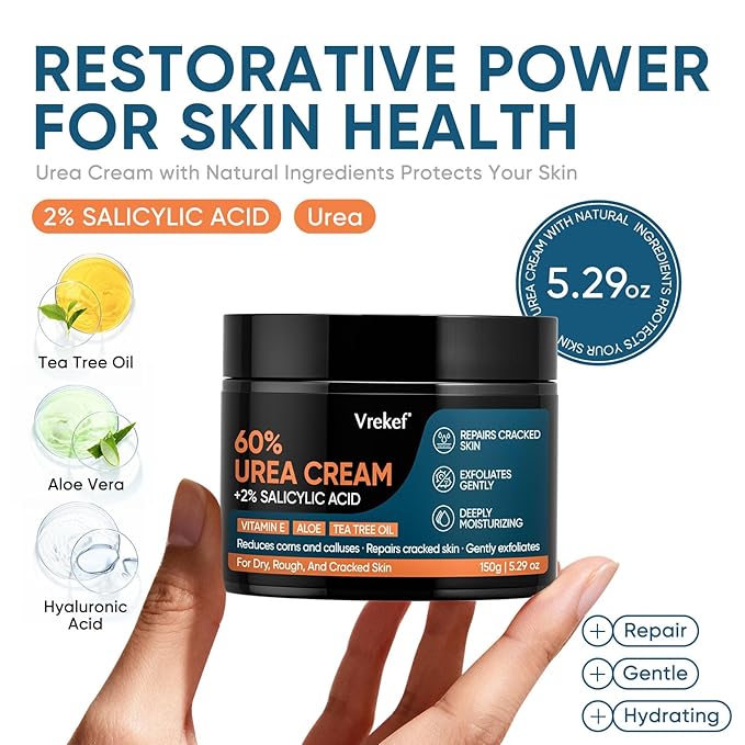 Urea Cream 60% Plus Salicylic Acid 2%, Urea Cream 60 Percent for Feet Maximum Strength, Foot Cream for Dry Heels Cracked