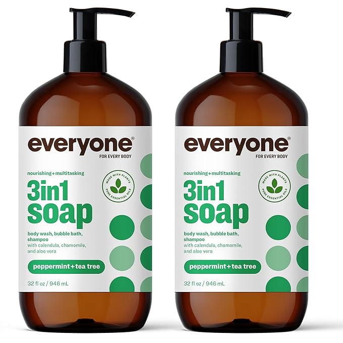 Everyone 3-in-1 Soap, Body Wash, Bubble Bath, Shampoo, 32 Ounce (Pack of 2), Peppermint Tea Tree, made with Essential Oils for Men and Women