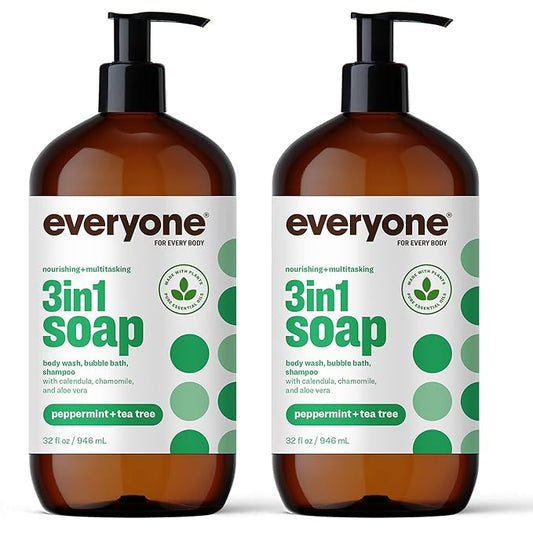 Everyone 3-in-1 Soap, Body Wash, Bubble Bath, Shampoo, 32 Ounce (Pack of 2), Peppermint Tea Tree, made with Essential Oils for Men and Women