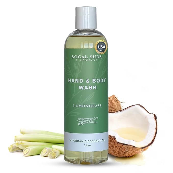 SoCal Suds & Company - 12oz Organic Soap Liquid, Gentle Hand & Body Wash, Organic Body Wash for Men and Women, Made w/Organic Oils & Coconut Oil, Bath Essentials for All Skin Types - Lemongrass
