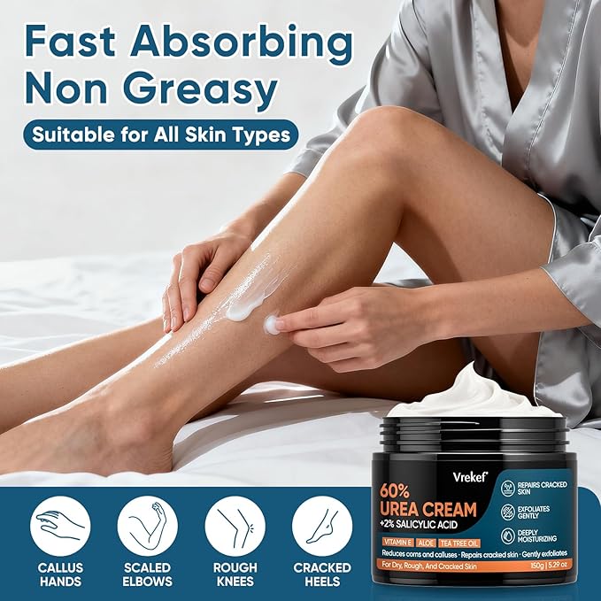 Urea Cream 60% Plus Salicylic Acid 2%, Urea Cream 60 Percent for Feet Maximum Strength, Foot Cream for Dry Heels Cracked
