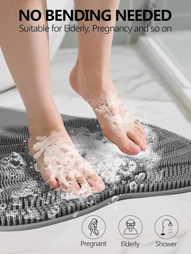 Kalolary Silicone Shower Foot Scrubber Mat, Large Foot Scrubber in Shower with Non Slip Suction Cups Foot Cleaner Brush to Clean Exfoliate and Massage Feet Without Bending Over Easy to Clean (Grey)