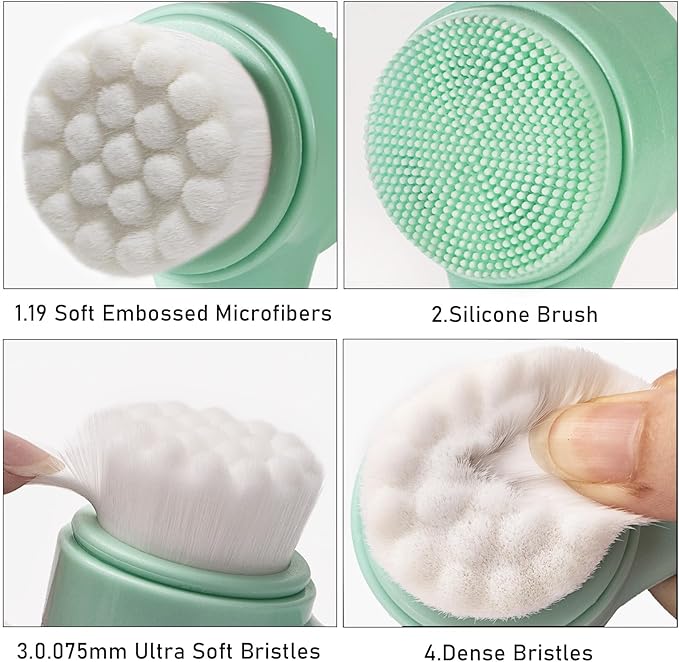 Face Brush 2 in 1, Silicone Facial Cleansing Exfoliating Brush Soft Bristles Pore Deep Cleansing, Jade Face Roller Skin Care Tools, Manual Dual Face Wash Scrub Brush Massaging Gift, Blue+Green