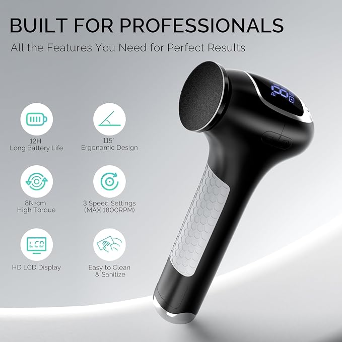 L'UGX Electric Callus Remover for Feet –Powerful 8N·cm Torque Professional Pedicure Foot File, 3-Speed Settings, LCD Display, 60pcs Sandpaper Discs, Type-C Rechargeable, Ergonomic Handle