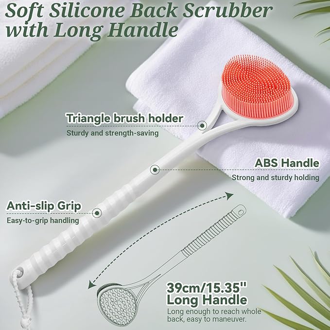 Silicone Back Body Face Scrubbers Set 4PCS, 15.35’’ Back Scrubber Soft Body Scrubber for Dual-Side Usage, Easy-to-Hold Soft Bath Glove & Face Scrubber for Good Foaming Deep Cleaning(Pink)