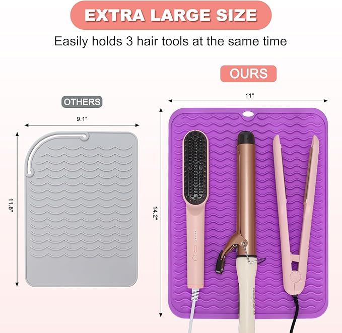 Oversize Silicone Heat Resistant Mat for Curling Irons, Hair Straighteners, Flat Irons and Hot Hair Styling Tools, Portable Wrap Pad Cover for Vanity, Travel, Salon(14.2" x 11.0")