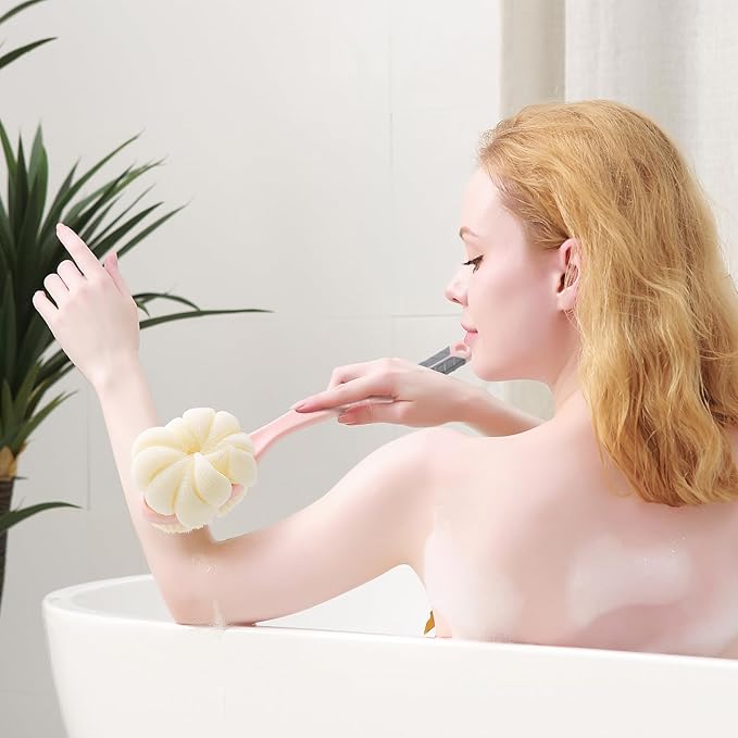 Shower Body Brush with Bristles and Large Pumpkin Loofah,Back Scrubber Bath Mesh Sponge with Anti-Slip Curved Long Handle for Skin Exfoliating,Massage Bristles for Wet or Dry,Men Women (Pink)