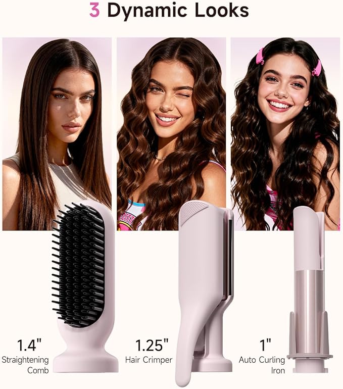 3 in 1 Automatic Curling Iron with 1.25 Barrel, Hair Crimper, Straightening Brush, 3 in 1 Hair culer Tools, Rotating Curling Iron with 3 Temp, 2-Way Rotation, 10S Fast Heating, Dual Voltage