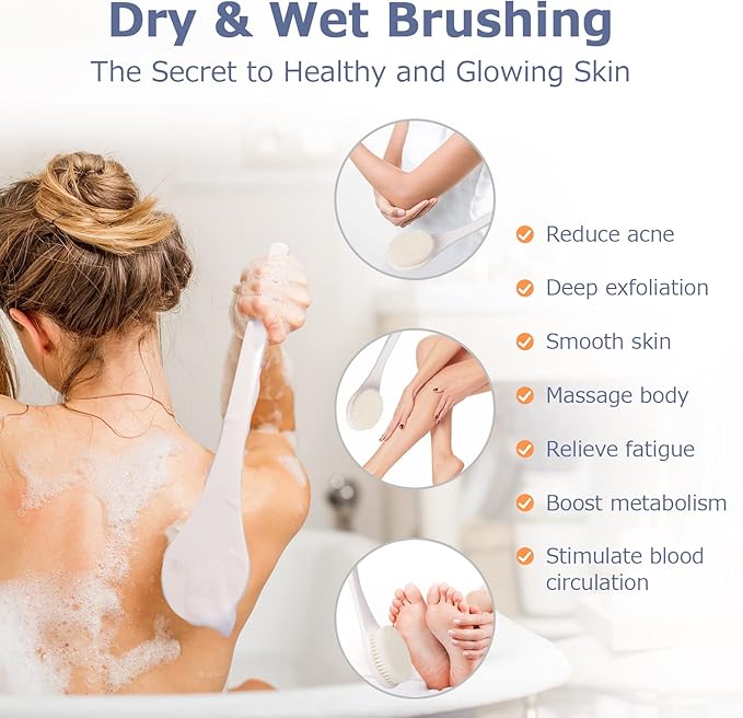 VANZAVANZU Shower Brush, Bath Body Brush with Soft Bristles, 15.4" Back Brush Long Handle for Shower, Dry Exfoliating Brush or Wet Shower Brush with Moderate Bristles, Cream White