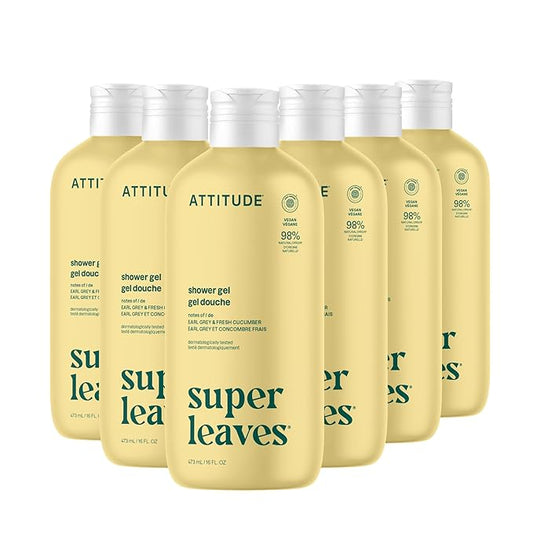 ATTITUDE Body Wash, EWG Verified Shower Gel, Dermatologically Tested, Plant and Mineral-Based, Vegan Personal Care Products, Earl Grey & Fresh Cucumber Scent, 16 Fl Oz (Pack of 6)