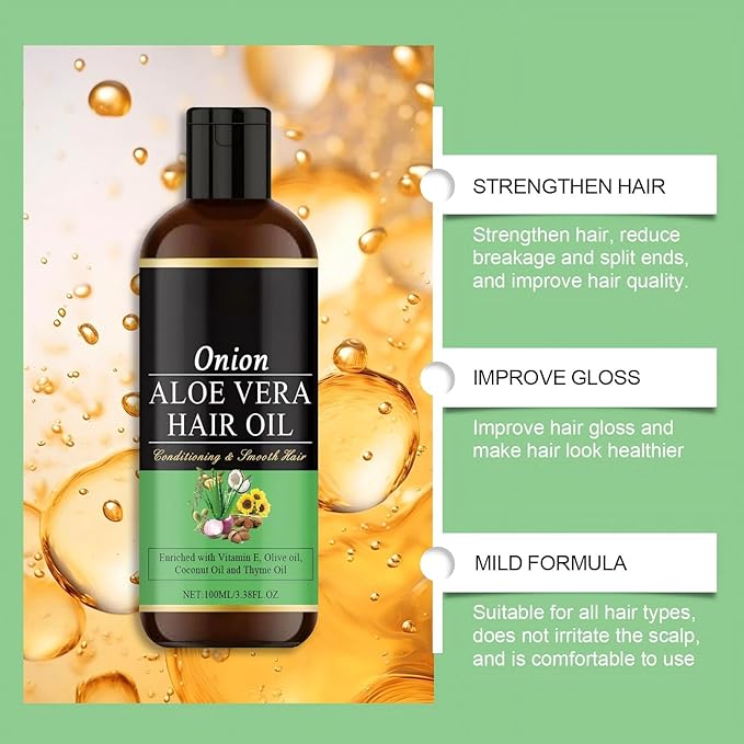 Nourishing Onion & Aloe Vera Hair Oil for Smoothing and Shine - Moisturizing Hair Treatment for Dry, Damaged Hair, Supports a Healthy-Looking Scalp and Hair Appearance (1 Pack)