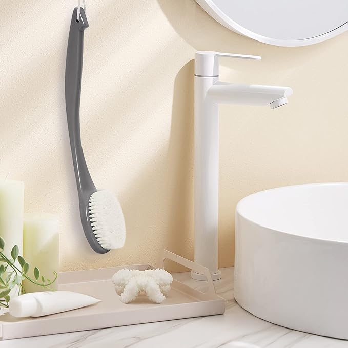 VANZAVANZU Exfoliating Shower Brush Back Scrubbers for Use in Shower, Plastic Bath Brush Long Handle for Shower with Moderate Bristles, Dry or Wet Back Brush for Shower Men Women-Grey