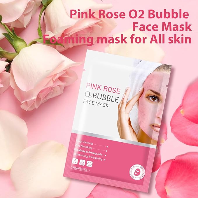 10 Sheets Pink Rose O2 Bubble Face Masks Skincare, Hydrating Moisturizing Bubble Face Masks for for All Skin Types, Sheet Masks Cleaner Foaming Purifying Facial Mask for Pores