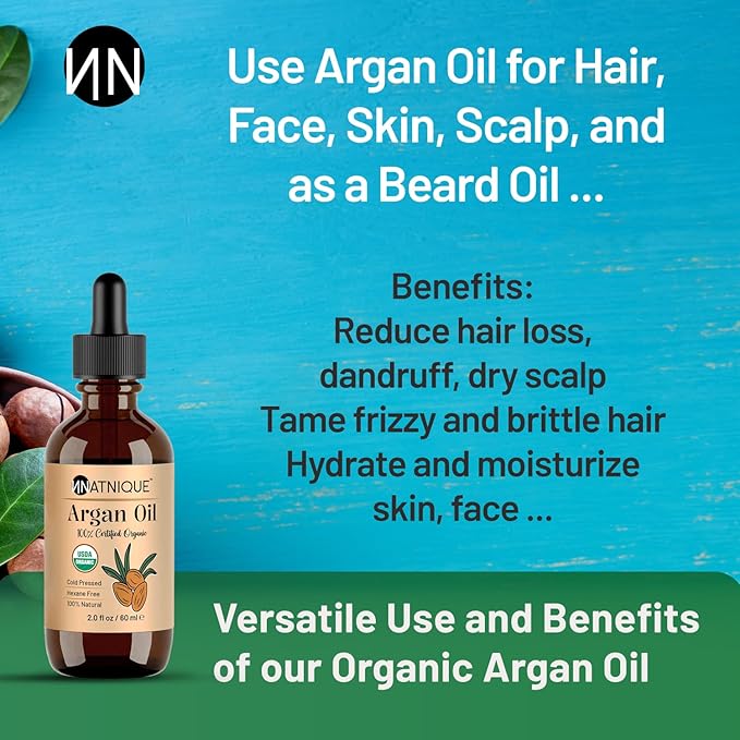 Natnique Organic Argan Oil, 2 oz – Pure Cold-Pressed Moroccan Oil from Morocco for Hair, Skin, Face & Nails – USDA Certified Organic, Virgin Aceite de Argan Cabello, Hexane-Free Moisturizer