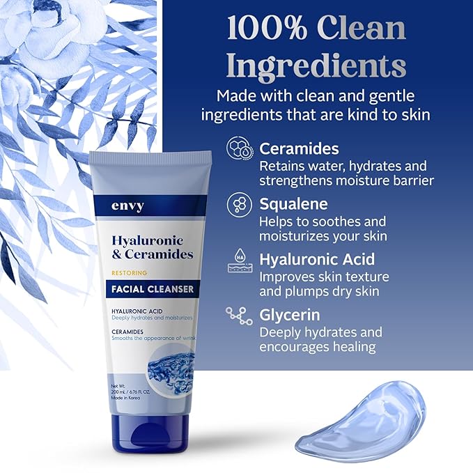 Envy Facial Cleanser with Hyaluronic Acid & Ceramides - Hydrating, Moisturizing & Radiance-Boosting - Clean, Cruelty-Free Korean Skin Care for All Skin Types - Dermatologist Tested - 6.76 oz
