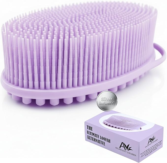 Silver Infused Silicone Body Scrubber Shower - Gentle Back Scrubber Soft Bristles - Avilana Premium Dual Sided Bath Brush Massage - Advanced Material Loofah Alternative - Gift Women Men