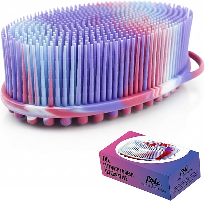 Silicone Body Scrubber for Shower - Gentle Exfoliating Back Scrubber with Soft Bristles - Avilana Premium Dual Sided Bath Brush Massage - Loofah Alternative for Sensitive Skin - Gift Women Men