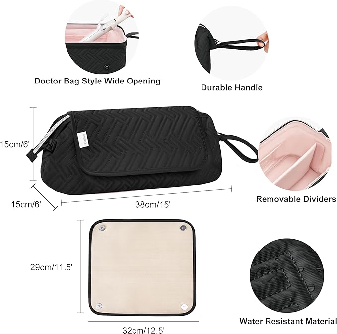 Leudes Hair Tools Travel Bag for Women Heat Resistant Mat for Travel Essentials Hot Tools Straighteners,Flat Irons,Curling Iron,Hot Air Brushes and Hair Dryer Organizer Bags 2 in 1 (BlackA)