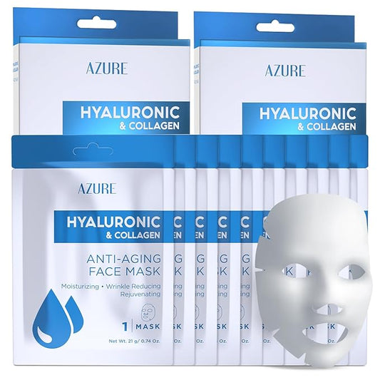 Azure Cosmetics Hyaluronic Acid & Collagen Anti Aging Sheet Facial Mask - Rejuvenating & Moisturizing Face - Helps Reduce Fine Lines & Wrinkles, Tightens & Smooths - Made in Korea - Pack of 5