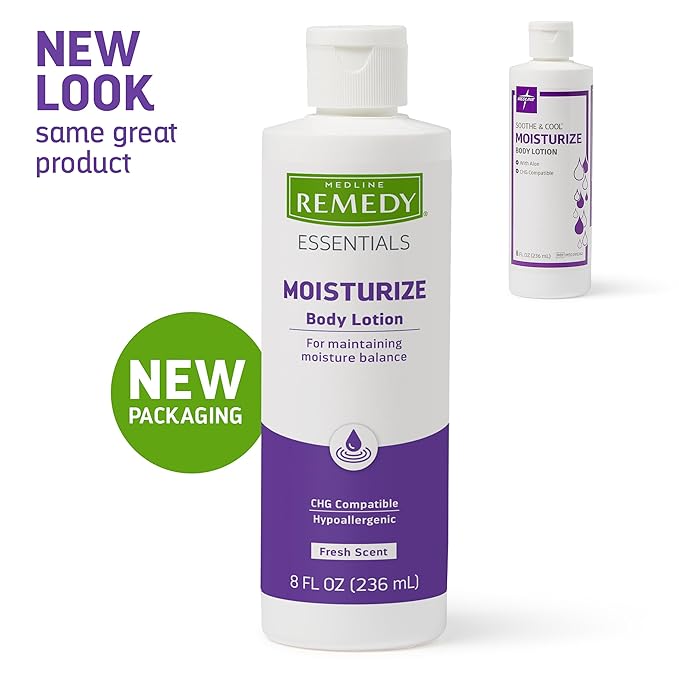 Medline Remedy Essentials Moisturizing Body Lotion (8 oz Bottle), 12 Count, Fresh Scent, Hydrating, Non-Greasy, For Dry Skin, Hypoallergenic, Men, Women, Elderly