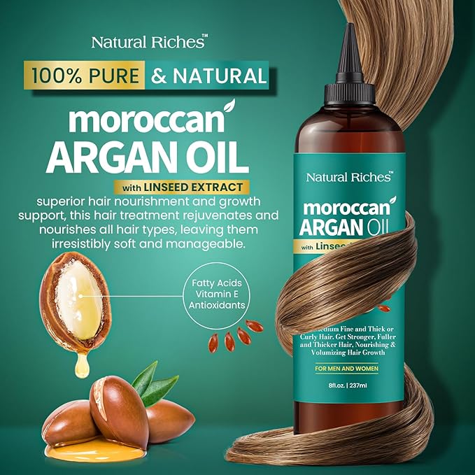 Natural Riches Moroccan Argan Oil Hair Treatment with Linseed Extract – Smooths Frizz, Detangles, Conditions & Boosts Shine – Deep Hydration for Dry, Damaged, Curly & Color-Treated Hair – 8 fl oz