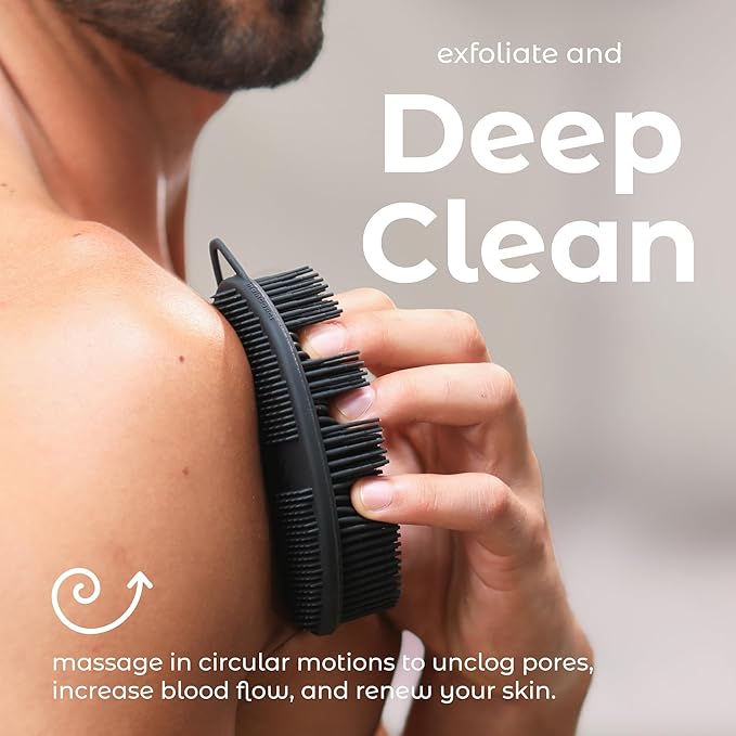 MainBasics Silicone Body Scrubber – Dual-Sided Shower Exfoliator for Men & Women, Gentle Silicone Loofah Alternative for Deep Clean (Black, Exfoliate)