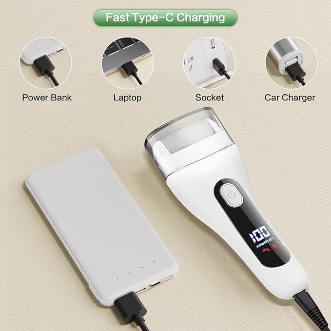 Electric Foot Callus Remover, LED Light & Display Electric Foot File, Rechargeable Waterproof Electric Foot Filer, 3 Replacement Rollers & USB-C Charging Foot Sanders for Feet White