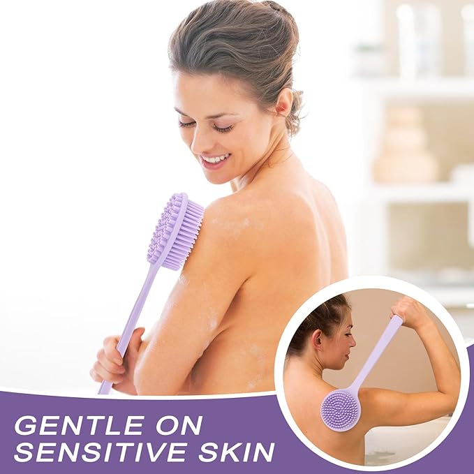 Silicone Back Scrubber for Shower, 14.7in Then Handle Body Brush, Double Sided Shower Brush for Shower Exfoliating and Massage Can Produce Rich Foam, Long Handle Back Scrubber for Men and Women