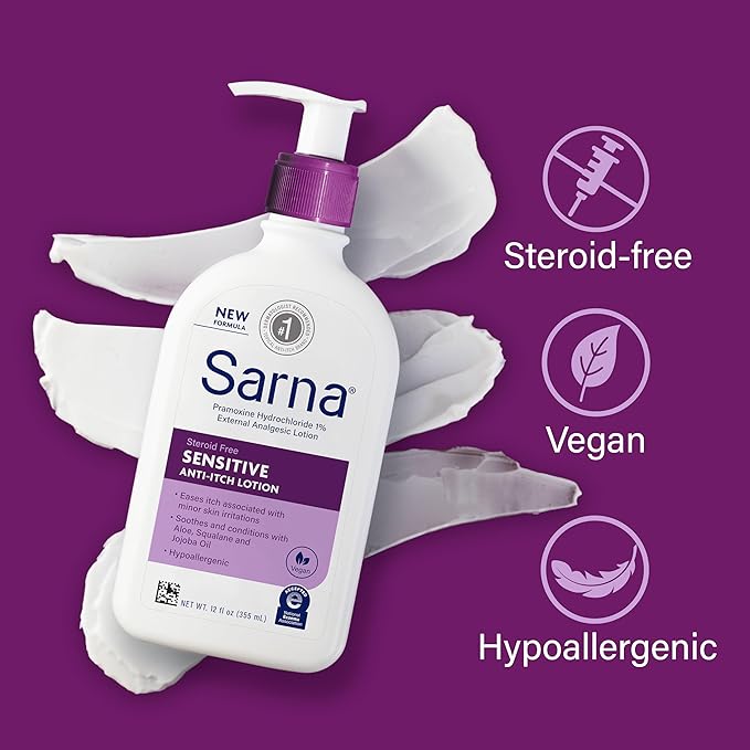 Sarna Sensitive Anti-Itch Lotion, Steroid-Free, Fragrance-Free, Vegan, Hypoallergenic, National Eczema Association Accepted, 1% Pramoxine Hydrochloride, 12 oz (Pack of 2)