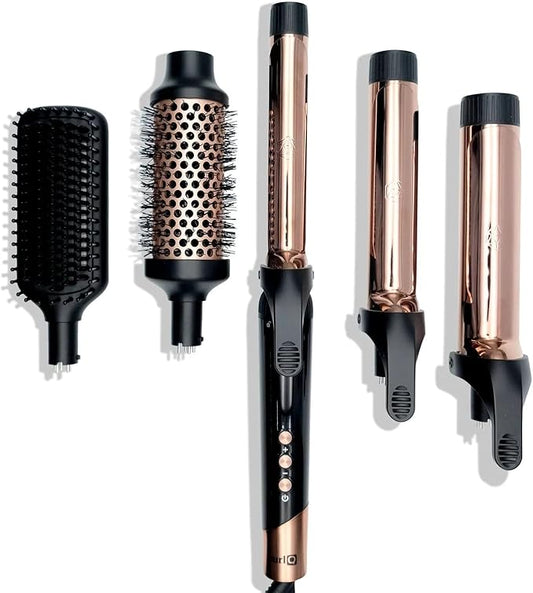 SRILabs CurlQ Extra Long Barrel 5-in-1 Curling Iron & Hair Styling Tool Set with Titanium Barrels, Ceramic Paddle Brush, Thermal Brush, Fast Heat-Up & 12 Temperature Settings