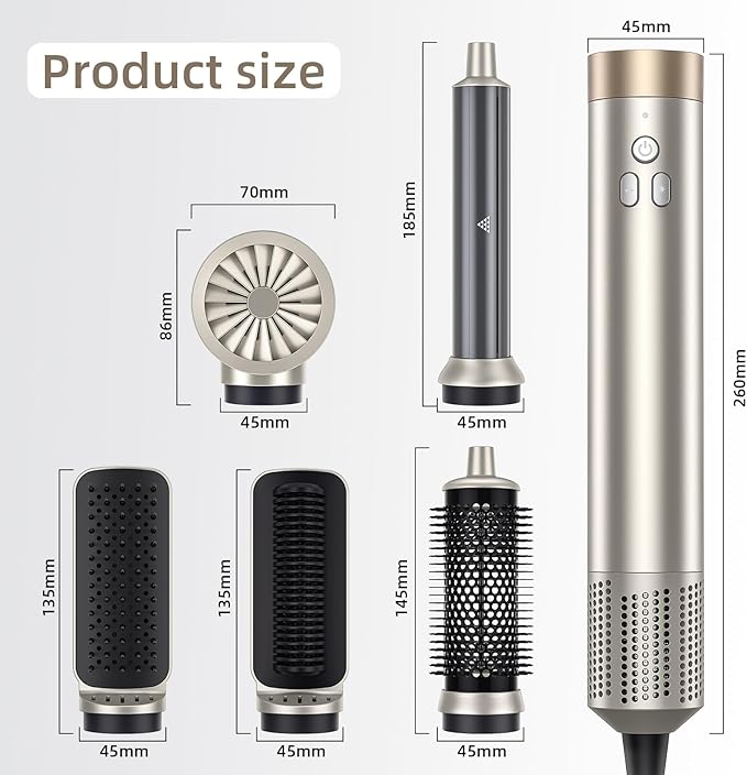 6-in-1 Hair Styler, Hair Dryer, Multi-Function Hot Air Brush Set, Ionic Blow Dryer with Interchangeable Attachments for Curling, Straightening (Champagne Gold)