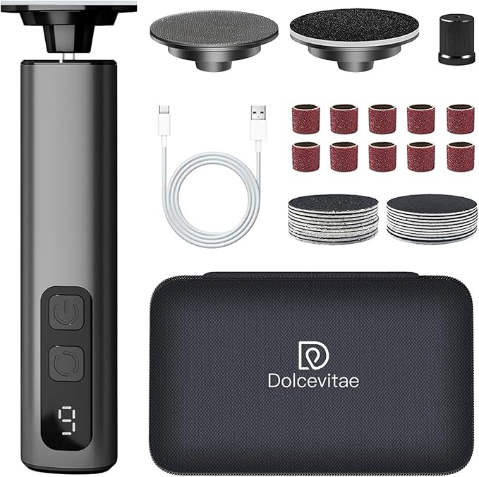 Electric Foot Callus Remover - 9-Speed with Glass Crystal Grinding Disc & Storage Box, 80/120 Grit Sandpapers (20pcs), 10 Nail Heads, Type-C Fast Charge for Dead Skin