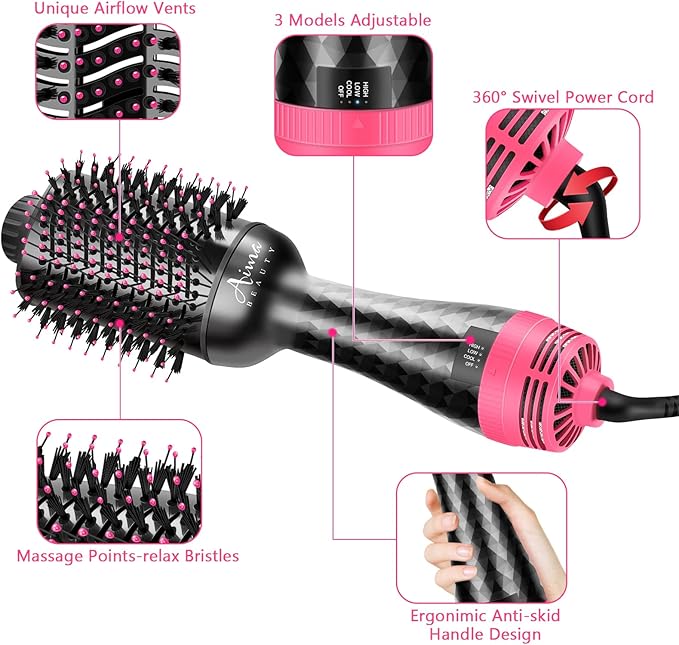 Aima Beauty One-Step Volumizer Hair Dryer Brush, 4-in-1 Upgrade Hot Air Brush for Less Frizz, More Shine, Oval Brush for Blowout, Black Red