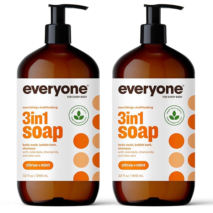 Everyone 3-in-1 Soap, Body Wash, Bubble Bath, Shampoo, 32 Ounce (Pack of 2), Citrus and Mint, made with Essential Oils for Men and Women
