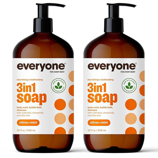 Everyone 3-in-1 Soap, Body Wash, Bubble Bath, Shampoo, 32 Ounce (Pack of 2), Citrus and Mint, made with Essential Oils for Men and Women