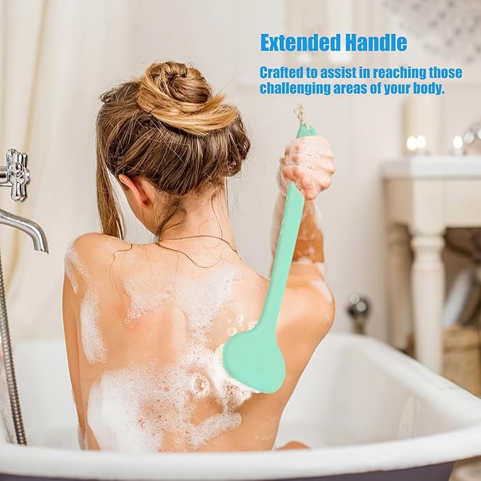 VANZAVANZU Back Scrubber for Shower, Bath Brush with 17-Inch Long Anti-Slip Handle, Wet and Dry Brushing Body Brush for Body Cleansing, Back Brush for Men and Women (Celadon Green)