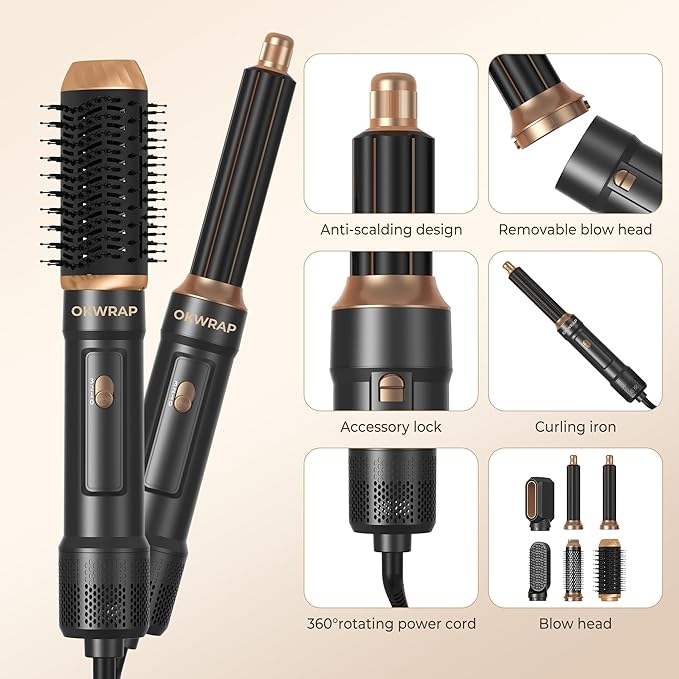 6 in ONE Blow Dryer Brush, Curling Wand Hair Styling Tools Set, Ionic Hot Air Hair Dryer, Massage Oval Hair Dryer, Left&Right Hair Curlers 100-120V