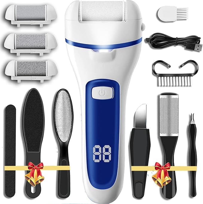 Callus Remover for Feet Electric Foot File, 13-in-1 Professional Pedicure Tools Foot Care Kit, Foot Scrubber Pedi for Hard Cracked Dry Dead Skin, 3 Rollers, 2 Speed, Battery Display (White&Blue)