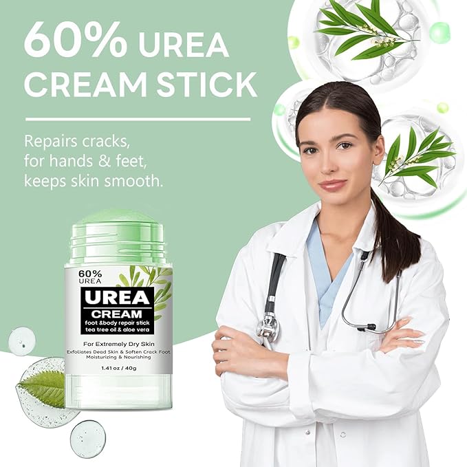 60% Urea Cream Stick with Tea Tree Oil & Aloe Vera, Maximum Strength Foot Cream for Dry Cracked Heels, Feet Callus Remover, Dead Skin Exfoliator, Moisturizing Lotion for Hands, Knees, Elbows - 1.41oz