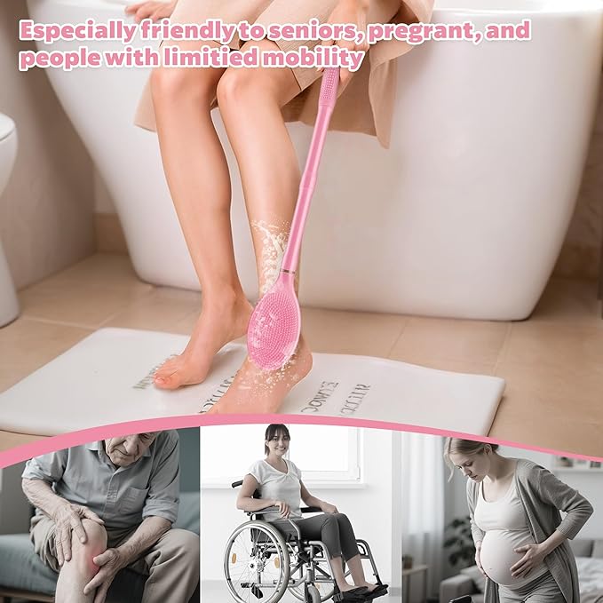 New Foot Brush & Back Scrubber Set 2PCS, 10.2''- 27.5'' Adjustable Foot Scrubber for Shower, 18.9'' Shower Back Scrubber with 3-Length Usage, Great Aid for People with Limited Mobility(Pink)